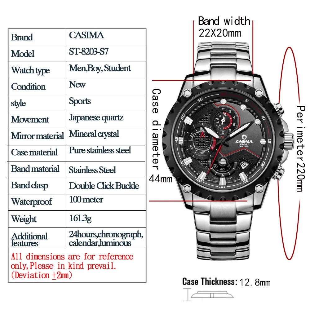 Роскошные Брендовые мужские часы из нержавеющей стали Кварцевые спортивные модные светящийся хронограф водонепроницаемые часы 100 м CASIMA#8203