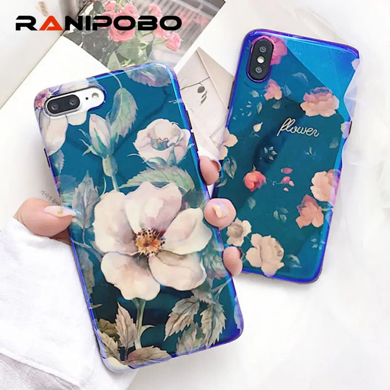

Fashion Blu-Ray Peony Camellia Flower Phone Case For iphone X 6 6S Plus 7 7Plus 8 Plus Glossy Vintage Floral Soft IMD Back Cover