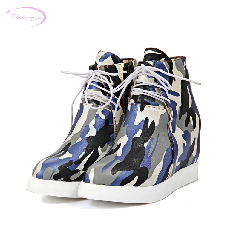 

Chainingyee street autumn round toe ankle boots camouflage platform with red white green with increasing women motorcycle boots