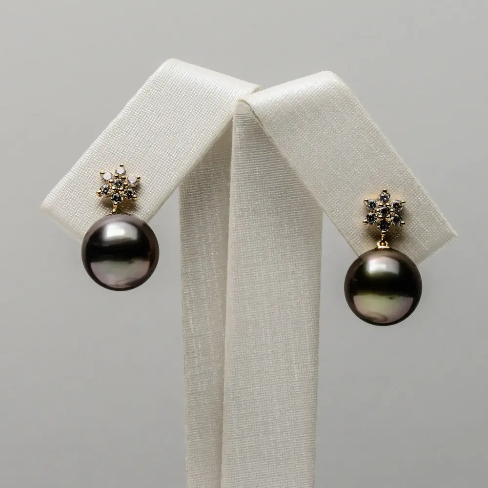 

Gorgeous 10.1mm Black Purple Tahitian Pearl Flower Drop Earrings 14k Yellow Gold