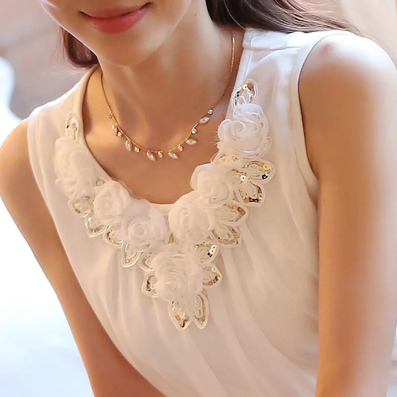 

2015 New Women's Blouse Woman Casual Sleeveless Chiffon Shirt Fashion O-Neck Tops XXL XXXL Big Sheer Blouse White S0399