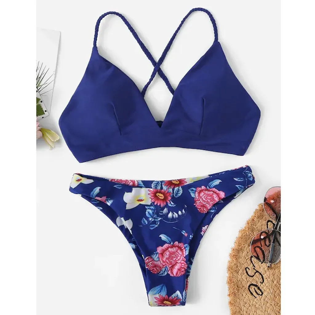 

Sexy Fashion Women Solid Color V-Neck Swimwear Female Bottom Bikini Set Padded Bandage Ladies Swimsuits biquinis feminino 2019
