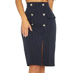 Женская 2019 полосатая офисная рутина по колено юбка в полоску, с высокой талией сумка бедра сбоку сплит прямая юбка
