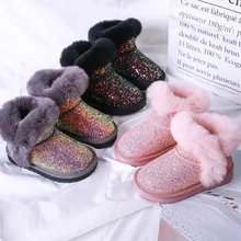 Зимние ботинки принцессы для девочек короткие ботинки на меху для малышей и детей постарше, размеры 21-37 зимняя и Весенняя теплая обувь блестящая обувь