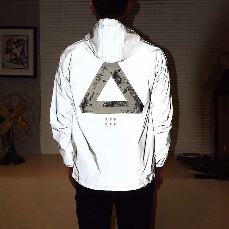 

Men jacket casual hiphop windbreaker reflective jacket brand men and women lovers coat hooded fluorescent clothing sportwear