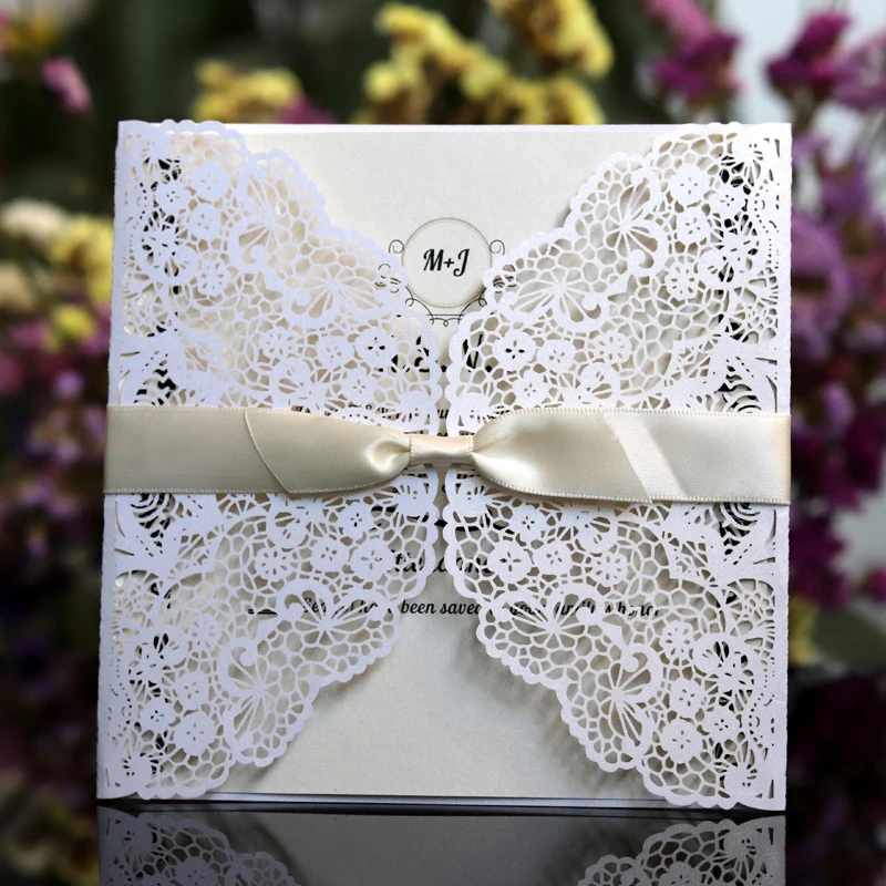 

50pcs Elegant Square Laser Cut Wedding Invitations Card Greeting Cards Customize With Ribbon Wedding Decoration Party Supplies