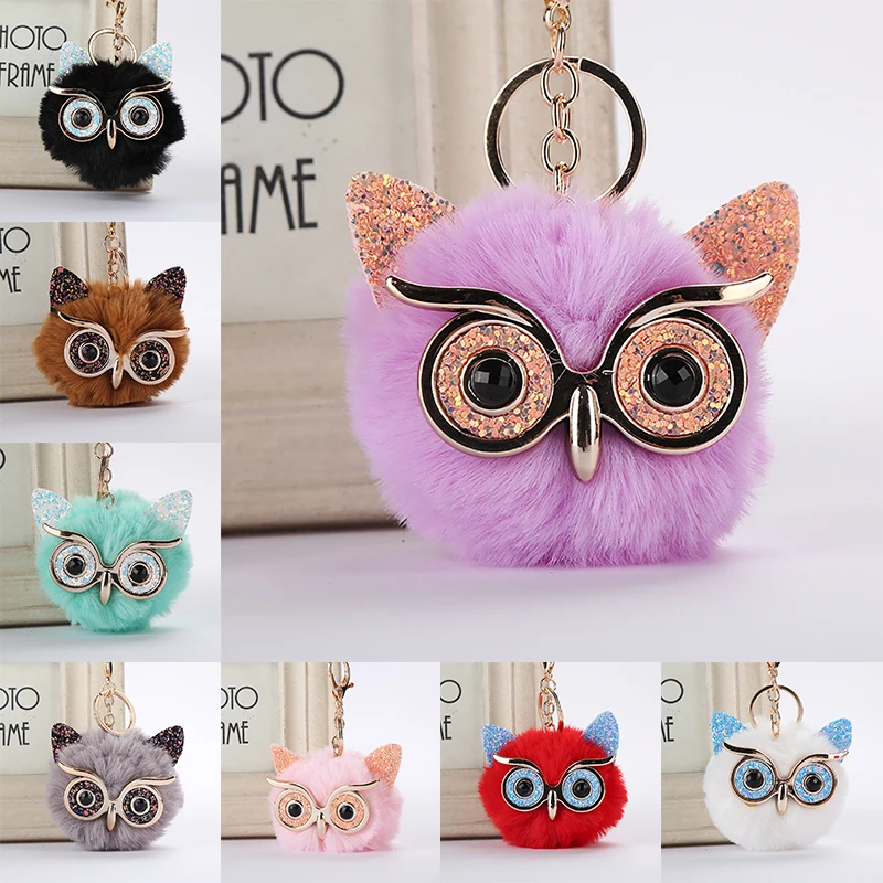 

Cute Pompom Owl Keychain pom pom Key Chain Rabbit Fur Ball pompom Porte Clef Fluffy Leather Key Ring Llaveros Gold