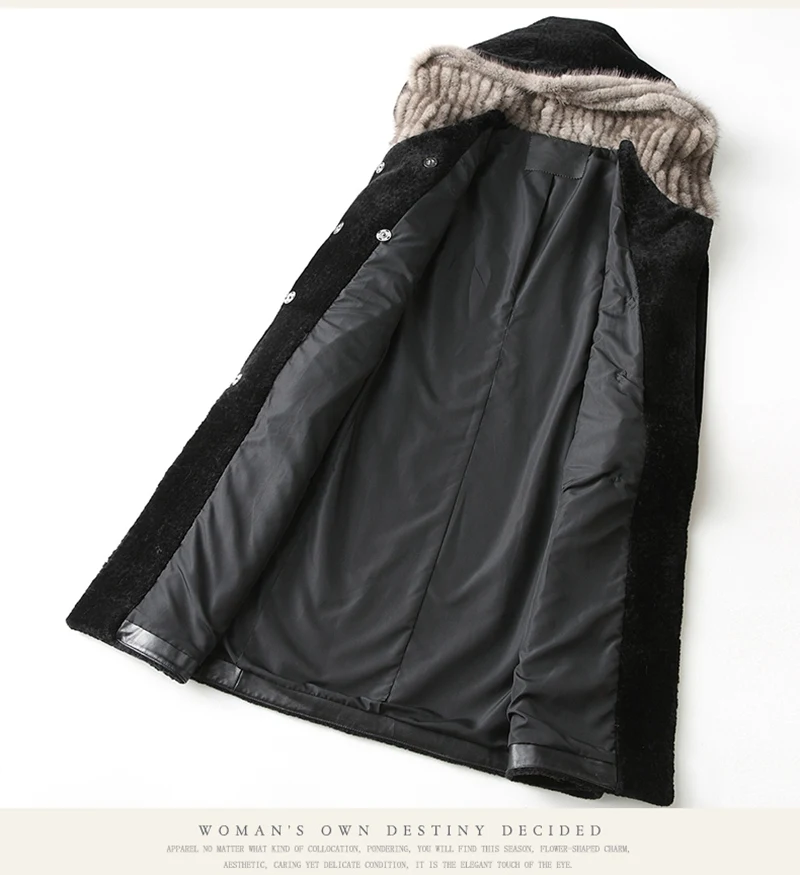 Длинное женское пальто из натурального овечьего меха, черная куртка с натуральным вязаным мехом норки, теплая Женская Тонкая зимняя верхняя одежда 2xl