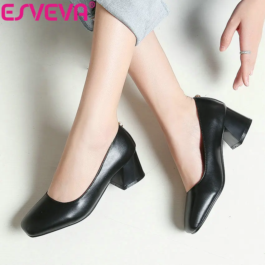 

ESVEVA 2019 Women Pumps High Heels Square Toe Leisure Shoes Square Heels Spring Autumn Sandals Shallow Women Shoes Size 34-43
