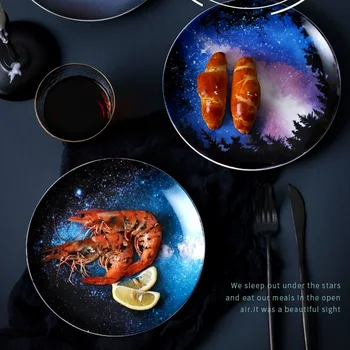 

2Pcs starry universe landscape plate set high quality ceramic dishes and plates sets dessert steak bread dish kitchen decorati