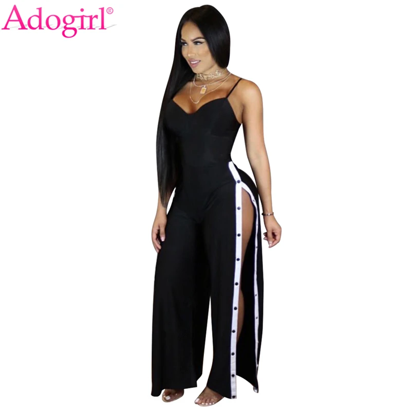 

Adogirl 2018 Summer Side Slit Buttons Up Loose Jumpsuits Women Sexy V Neck Spaghetti Straps Rompers Wide Leg Pants Club Overalls