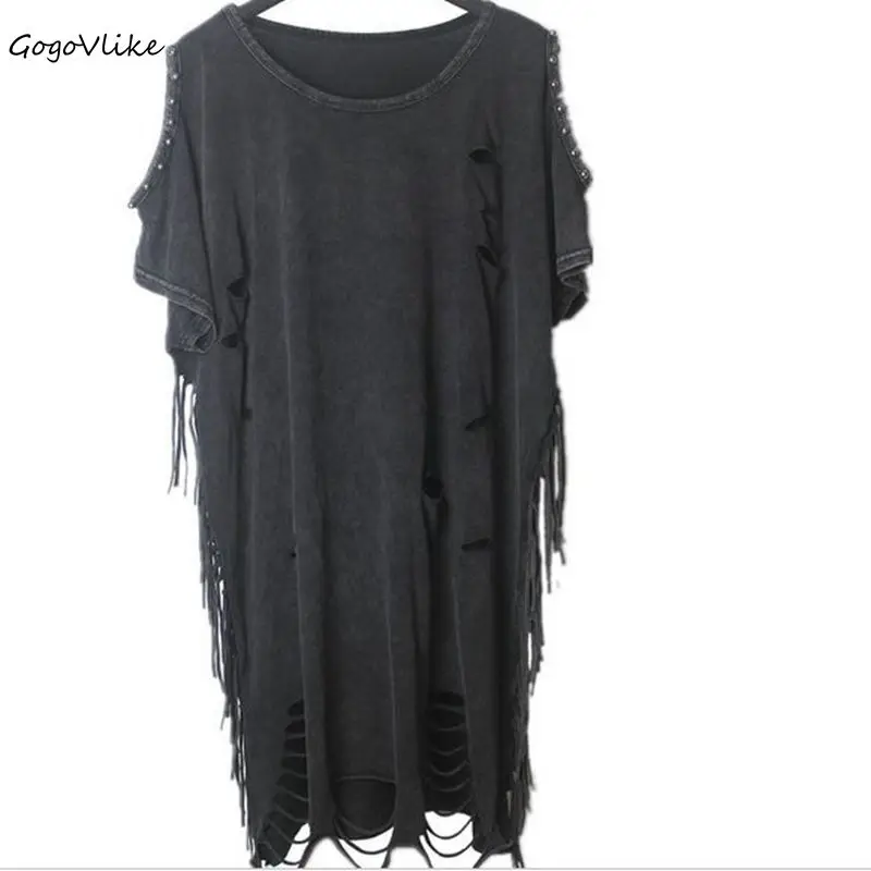 

Hiphop punk skull rock loose tops vintge o neck tassel cutout hole pockets water wash t shirt off shoulder tees LT205