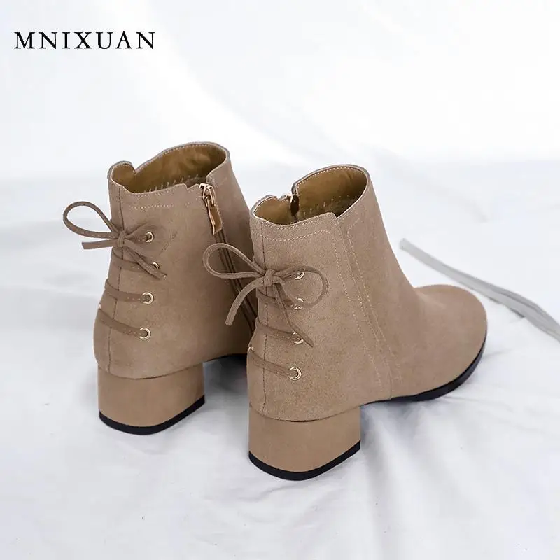 

MNIXUAN Fashion Boots winter Womens Ankle Boots Black Booties 2019 new round toe Block Heel Shoes medium heels zipper plus size9
