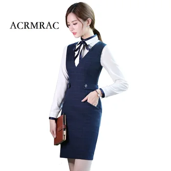 

ACRMRAC Women Formal wear sleeveless blue lattice Slim V collar Business OL Formal Dresses F782