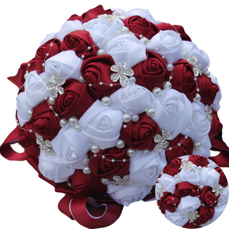 WifeLai-A Ramos De Novia Бордовый Красный Белый Кристалл Свадебный букет на заказ искусственный цветок подружки невесты Свадебный букет W224A-2