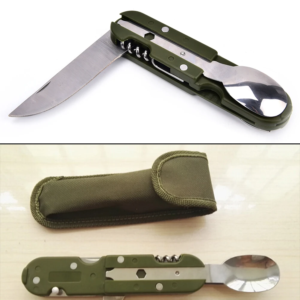 

Green Folding Portable Stainless Steel Camping Picnic Cutlery Knife Fork Spoon Bottle Opener Flatware Tableware Travel Kit