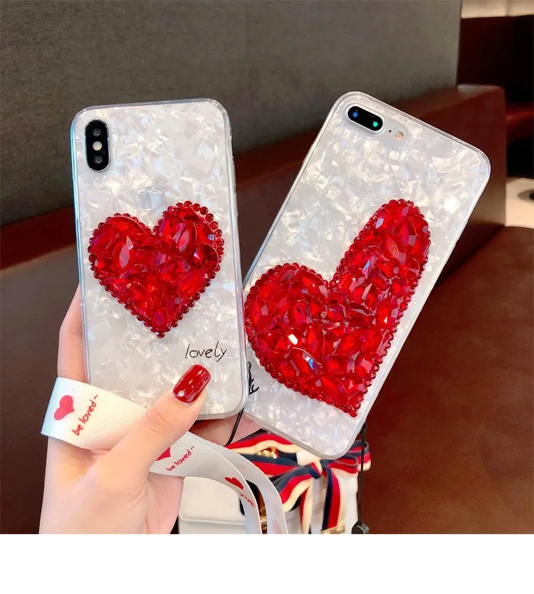 

Gimfun Luxury Red Rhinestone Love Heart Phone Case Glitter Shell Case for Iphone 6 6s 7 8 Plus X with Strap Soft Tpu Case Cover
