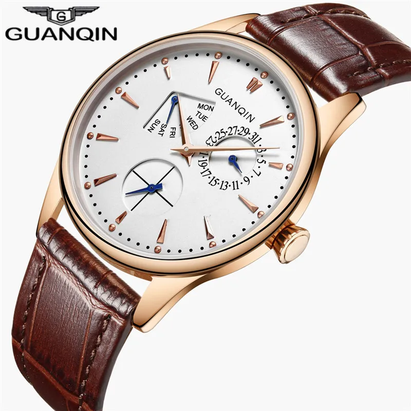 Мужские часы GUANQIN, роскошные Брендовые мужские часы с календарем, креативные Модные мужские повседневные кварцевые часы guanqin A