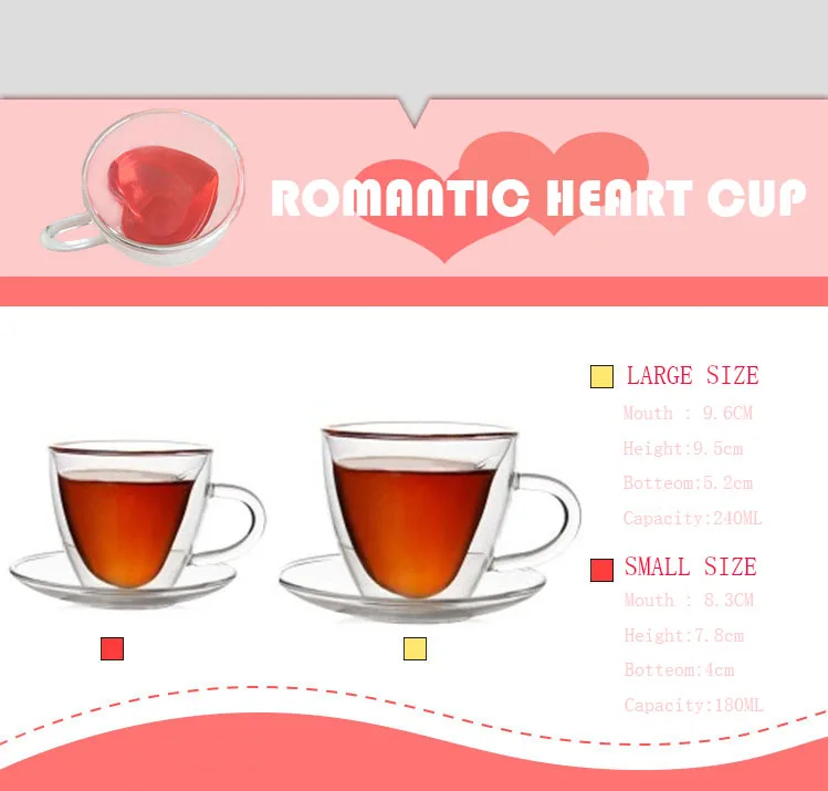 Двойными стенками теплостойкость романтичная, в форме сердца стекло чашки молока jusice кофе