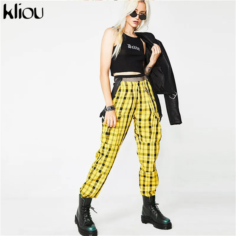

Kliou 2018 new yellow plaid overalls pants women fashion street high waist zipper fly adjustable strap female workout trousers