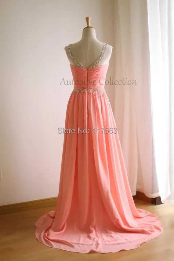 Hot Sale Coral Pink Chiffon Simple Bridesmaid DressProm Dress V Back Sheer Beading Neckline Free Shipping 99 (4).jpg