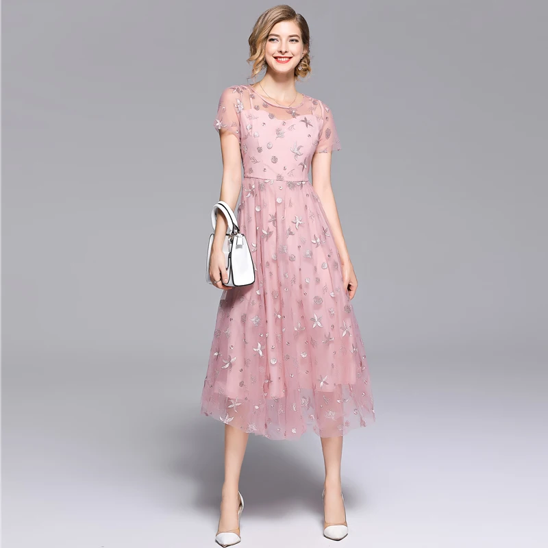 

2019 New Fashion Summer Women Dress Casual Style Short Sleeve Embroidered High Waist Female Elegant Fairy Mesh Dresses