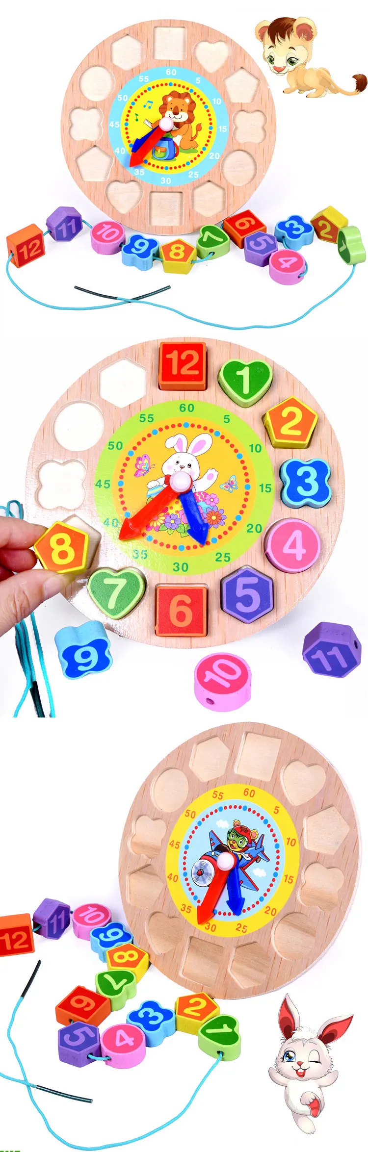Кролика деревянные развивающие часы игрушки для бусины для детей завязки Монтессори головоломка игрушка Цифровой Геометрия часы YE1564H