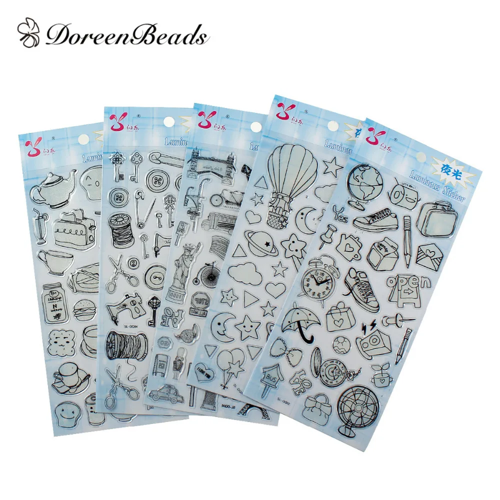 

DoreenBeads Resin&PVC DIY Luminous Deco Stickers Mixed Glow In The Dark Black Pattern At Random Scrapbook Craft,19x9.5cm,1 Sheet