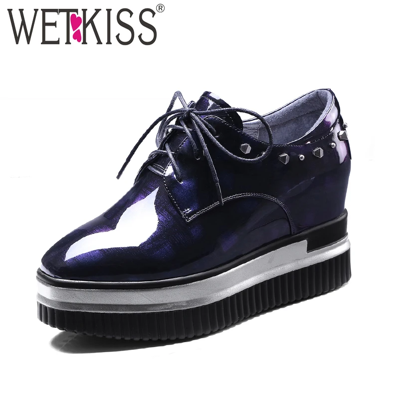WETKISS New Platform Shoes Pu Women Pumps Rivet Square Toe Lace Up Wedges Footwear Spring Fashion Casual Elevator Shoes