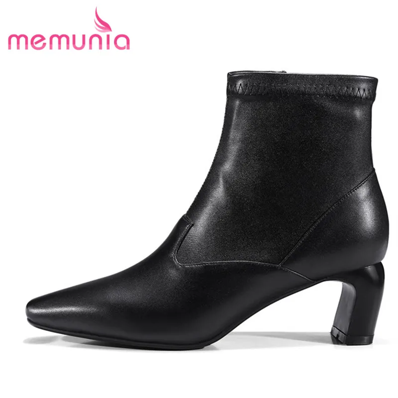 

MEMUNIA 2018 new ankle boots genuine leather boots winter comfortable high heels pointed toe women boots