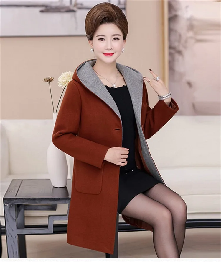 Autumn Winter Woolen Coat Women Hooded New Middle-aged Mother Clothes Long Slim Wool Coat Womens windbreaker Plus Size coat 5XL