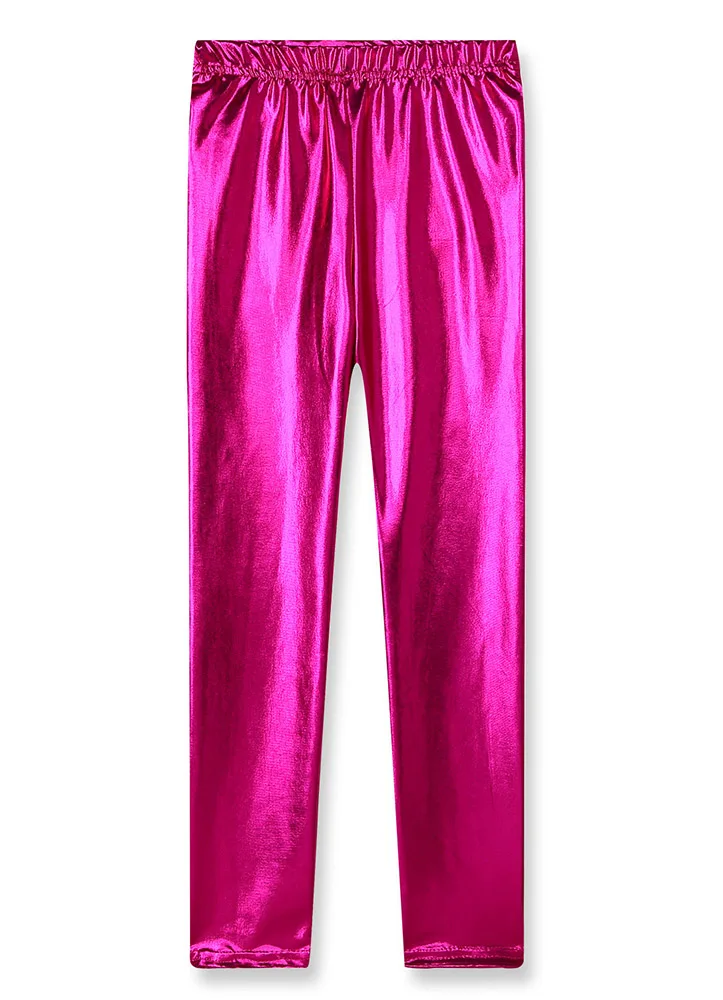 Весенне-осенние детские леггинсы для девочек глянцевый золотистый Серебристый обтягивающие брюки в стиле панк брюки для мальчиков одежда для малышей от 3 до 9 лет - Цвет: Розово-красный
