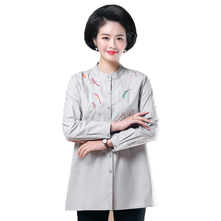 

2019 Women Spring Autumn Shirt Mandarin Collar Blouses Gray Navy Blue Tops Woman Peplum Blouse Loose Shirt Casual Embroidery Top