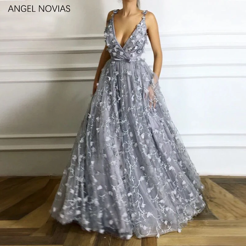 ANGEL NOVIAS Abendkleider 2018 длинные с v-образным вырезом 3D цветы арабские вечерние платья кружевные вечерние женские платья