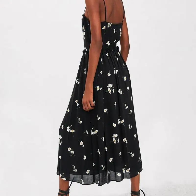 

Spaghetti Strap Dress Summer 2019 New Fashion Vintage Style Black Color White Floral Prints Feninino Vestidos Women Dresses