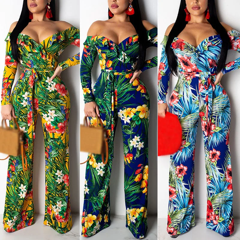 Womens Jumpsuits Ladies Party Summer Floral Print Beach Lace Up Overall Off Shoulder Casual