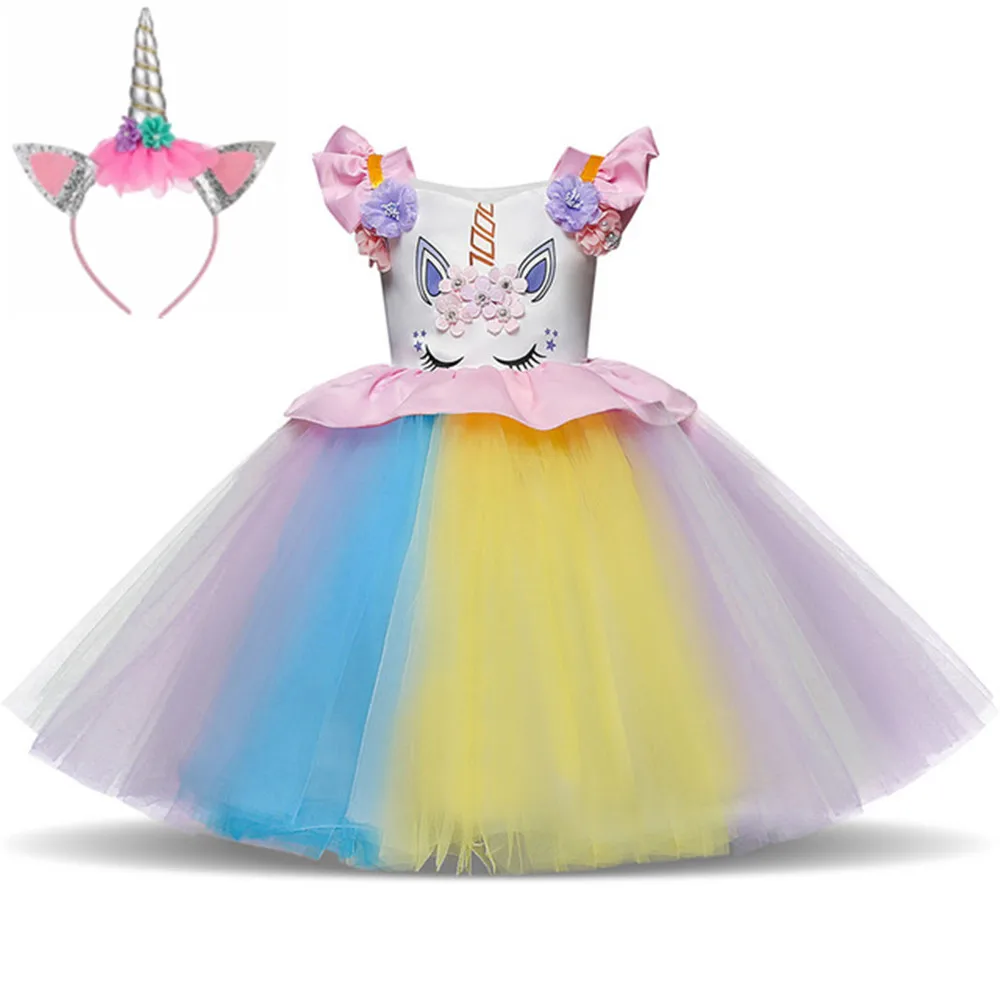 

Unicorn Party Dresses Girls Princess Birthday Children Clothing Christmas Cosplay Costume for Kids Flower Rainbow Wedding Dress
