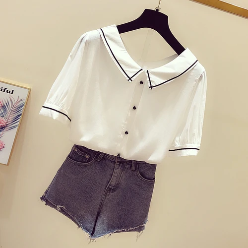 Fashion womens tops and blouses white shirts women tops short sleeve button ladies tops blouse for women Solid 4899 50 - Цвет: Белый