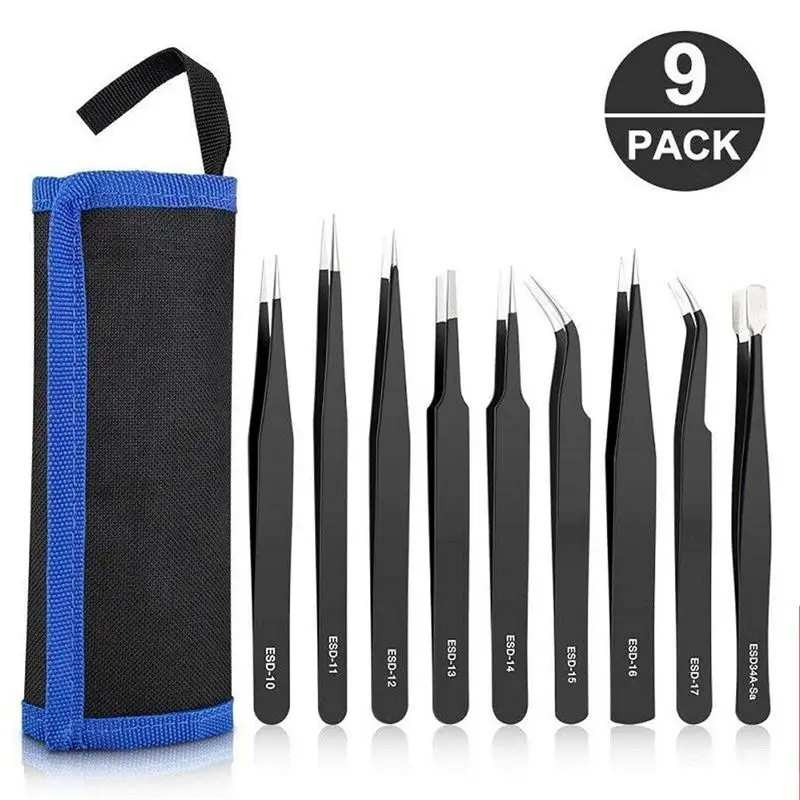 

PIXNOR 9pcs Premium Anti-Static Tweezers Set With Cas Stainless Steel Hand Tool For Electronics/Jewelry-Making/LaboratoryHobbies