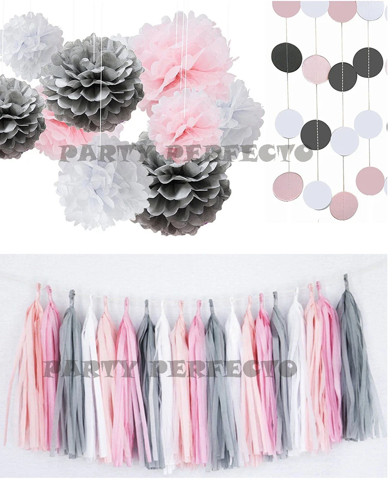 Fonder Mols pack of 33 White Pink Gray Tissue Paper Pom Poms Flower Tassel Polka-1