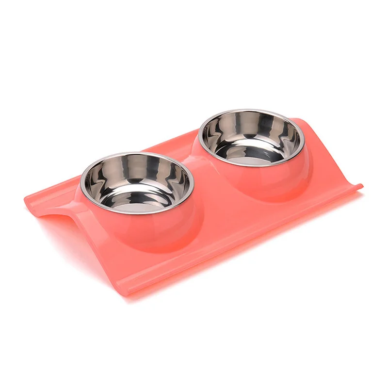 Нержавеющая сталь двойная миска для собак, щенков, кошек котенок миска для воды контейнер для корма подачи блюдо миска для воды еды - Цвет: Pink Curling