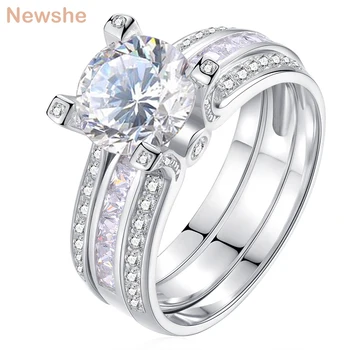 

Newshe 2 Carats Round Cut CZ Rhodium Plated Wedding Ring Sets For Women Engagement Band Trendy Jewelry Gift JR4579_WG