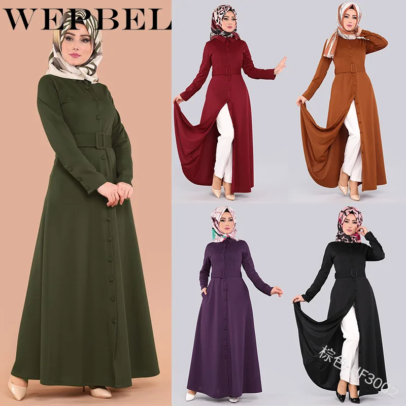 

WEPBEL Muslim Women Dress Solid Color Sashes Button Casual Summer Islamic Abaya Arabic Style Loose A Line Lady Dresses