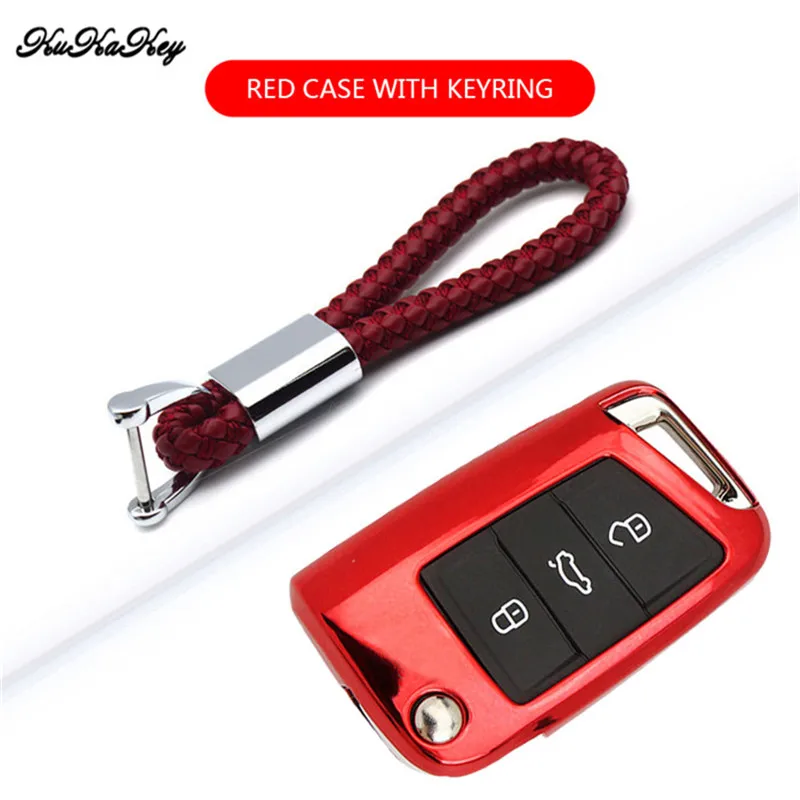 

KUKAKEY TPU Car Key Holder Shell Bag Case Cover For Skoda Octavia A7 Kodiaq Karoq Hand-Woven Car Keyring Keychain For Skoda