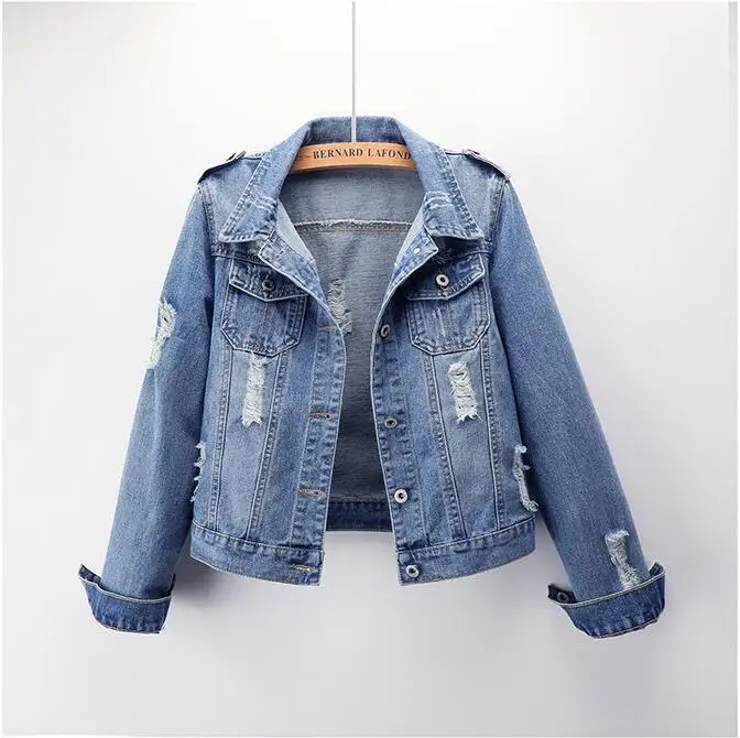 

Qooth Plus size S-5XL! Denim Jacket Women 2019 Spring Autumn Slim Cotton Light Washed Long Sleeve Female Jeans Jacket QH1785