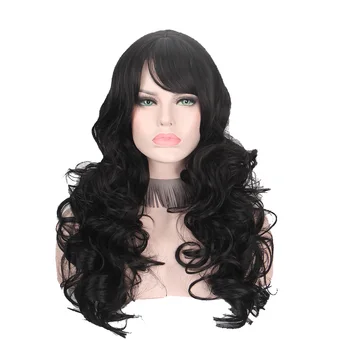 Long Black Curly Wigs for Women with Bangs Synthetic Wig Hair Cosplay Wigs Natural Color Black Hairs Synthetic Fibre Factory