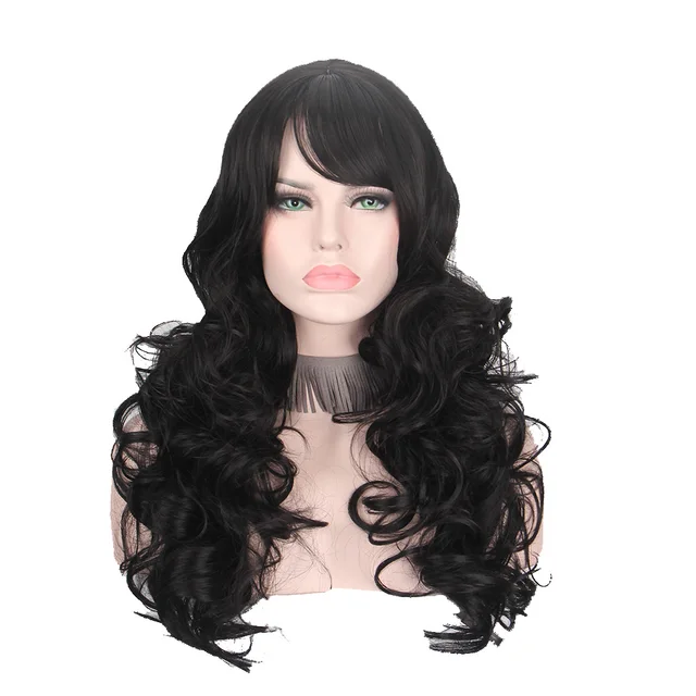Buy Long Black Curly Wigs for Women with Bangs