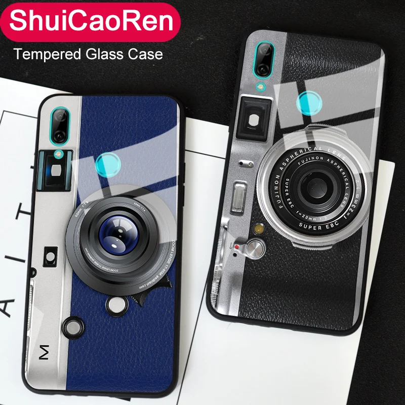 

Silicone Edge Tempered Glass Case For Huawei P Smart FIG-LX1 Cool Funny Retro 3D Camera Back Cover For Huawei P Smart Plus 2019