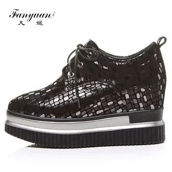 

Fanyuan fashion all season shoes women wedges platform waterproof pumpsSheepskin glitter decoration female lace up shoes