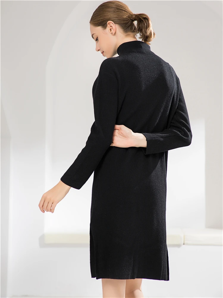 Comprar Colorfaity nuevo 2019 mujeres Midi vestidos Otoño Invierno cuello alto corte Casual recto señoras tejer suéter vestidos DR4633
